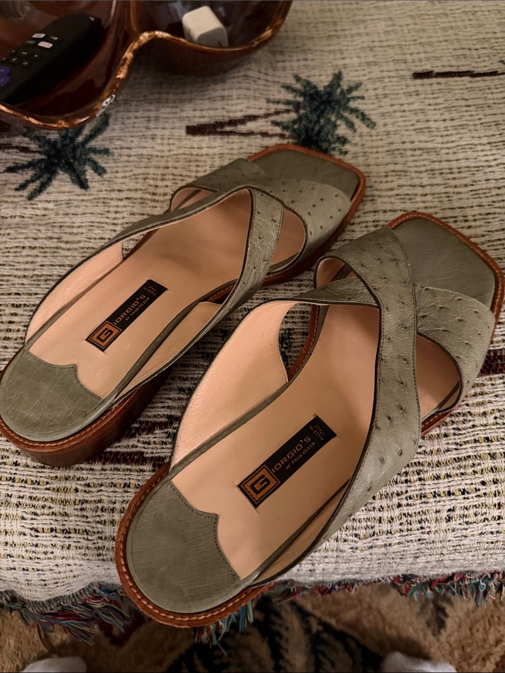 Giorgio’s of Palm Beach ostrich Sage Green Leather Crisscross Slide Mules